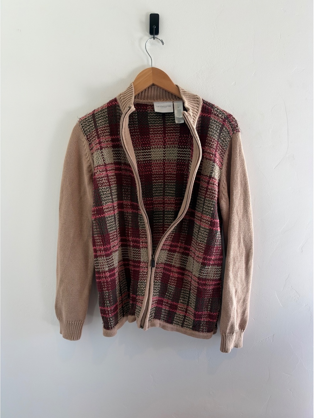 Liz Claiborne Lizsport Women’s Plaid Full Zip Knit Cardigan Sweater Size Small